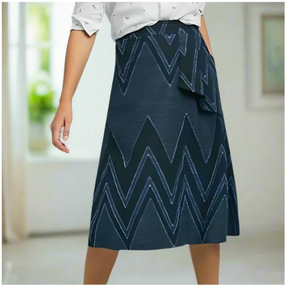 Anthropologie Skirt Womens 0 Blue A-Line Midi Cotton Linen Chevron Eva Franco